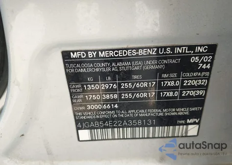 2002 Mercedes-Benz Ml 320 from USA, damaged, VIN 4JGAB54E22A358131